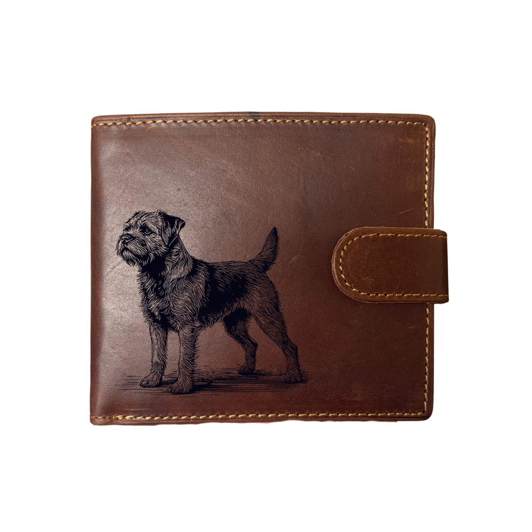 Personalised Border Terrier Standing Engraved Dark Tan Genuine Leather Wallet