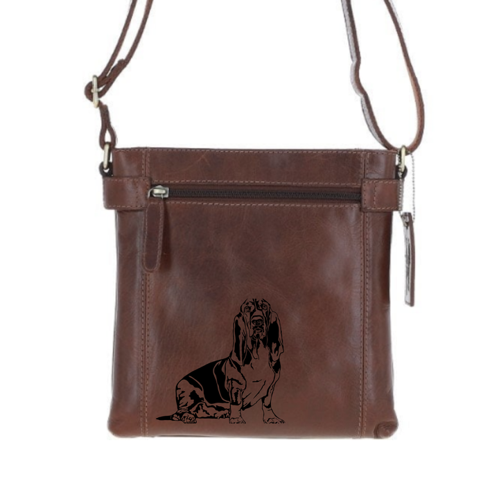 Basset Hound Sitting Engraved Leather Two Section Zip Top Crossbody Bag