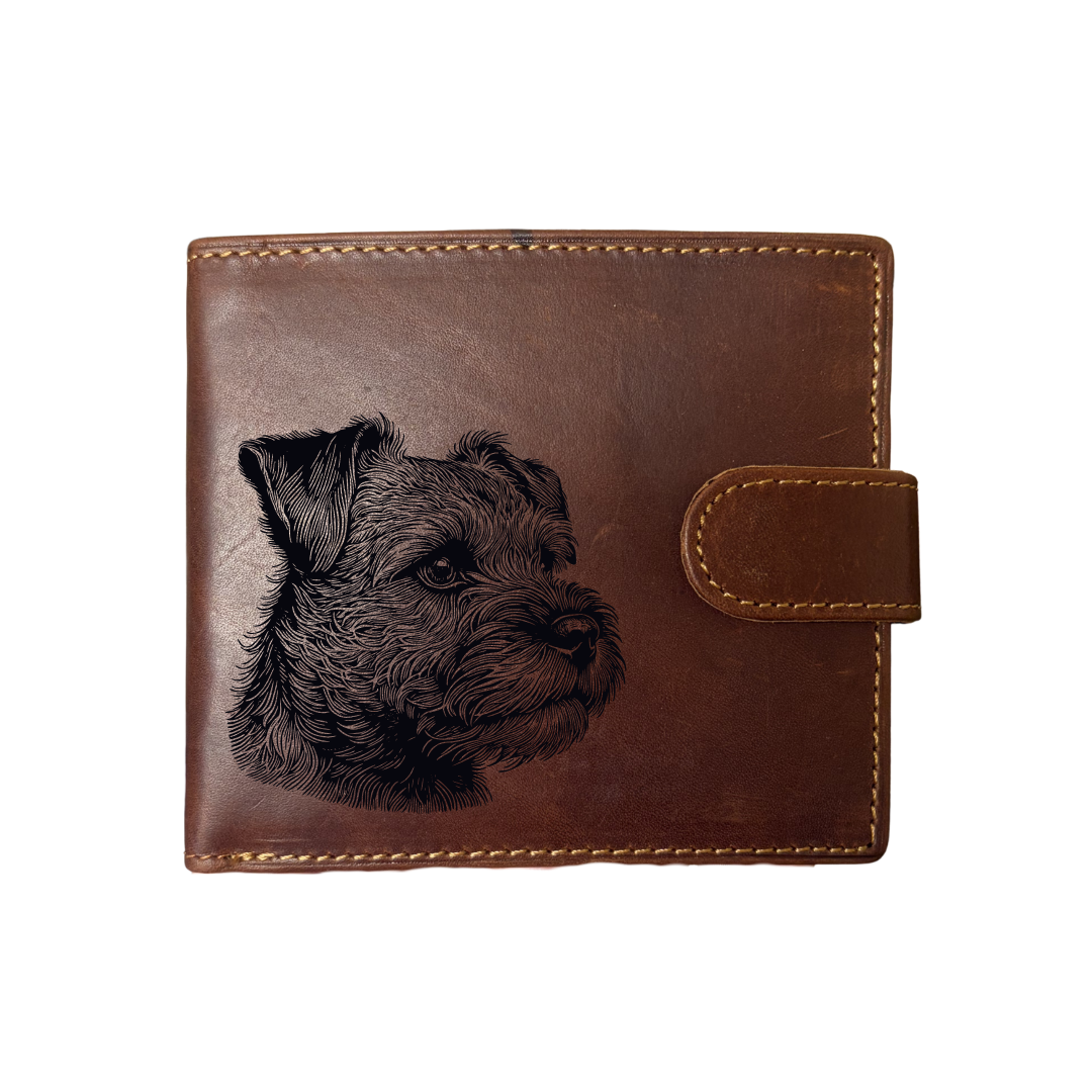 Personalised Border Terrier SP Face Engraved Dark Tan Genuine Leather Wallet