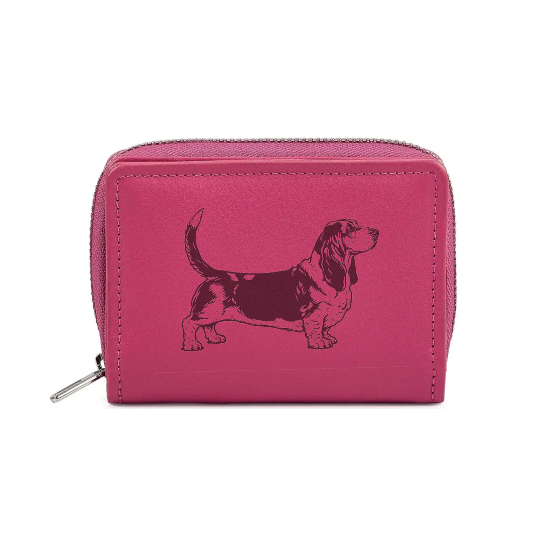 Basset Hound Standing Engraved Small Leather Purse (Green/Pink/Blue/Red)