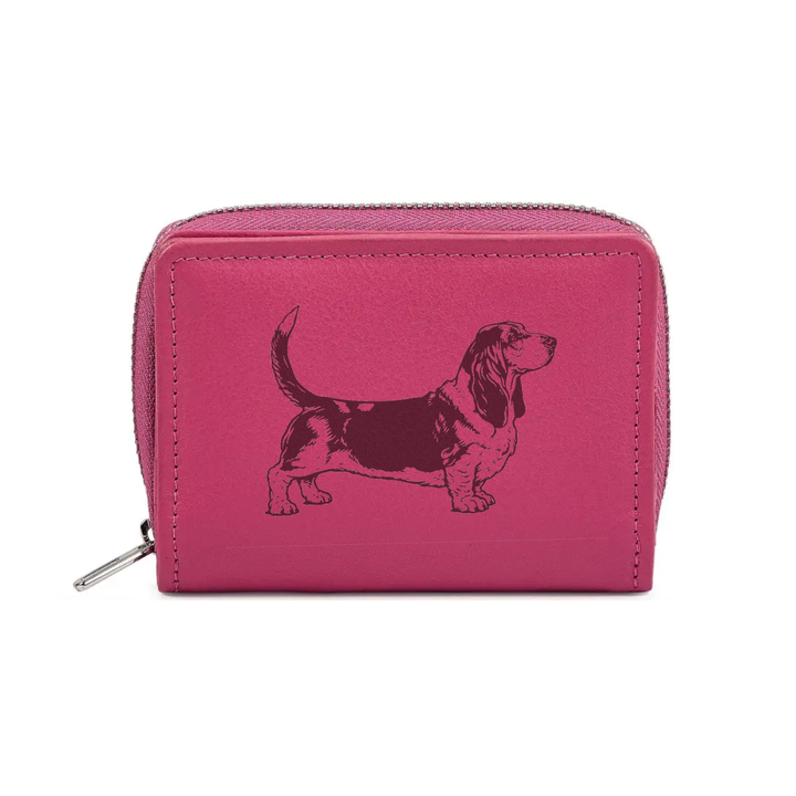 Basset Hound Standing Engraved Small Leather Purse (Green/Pink/Blue/Red)