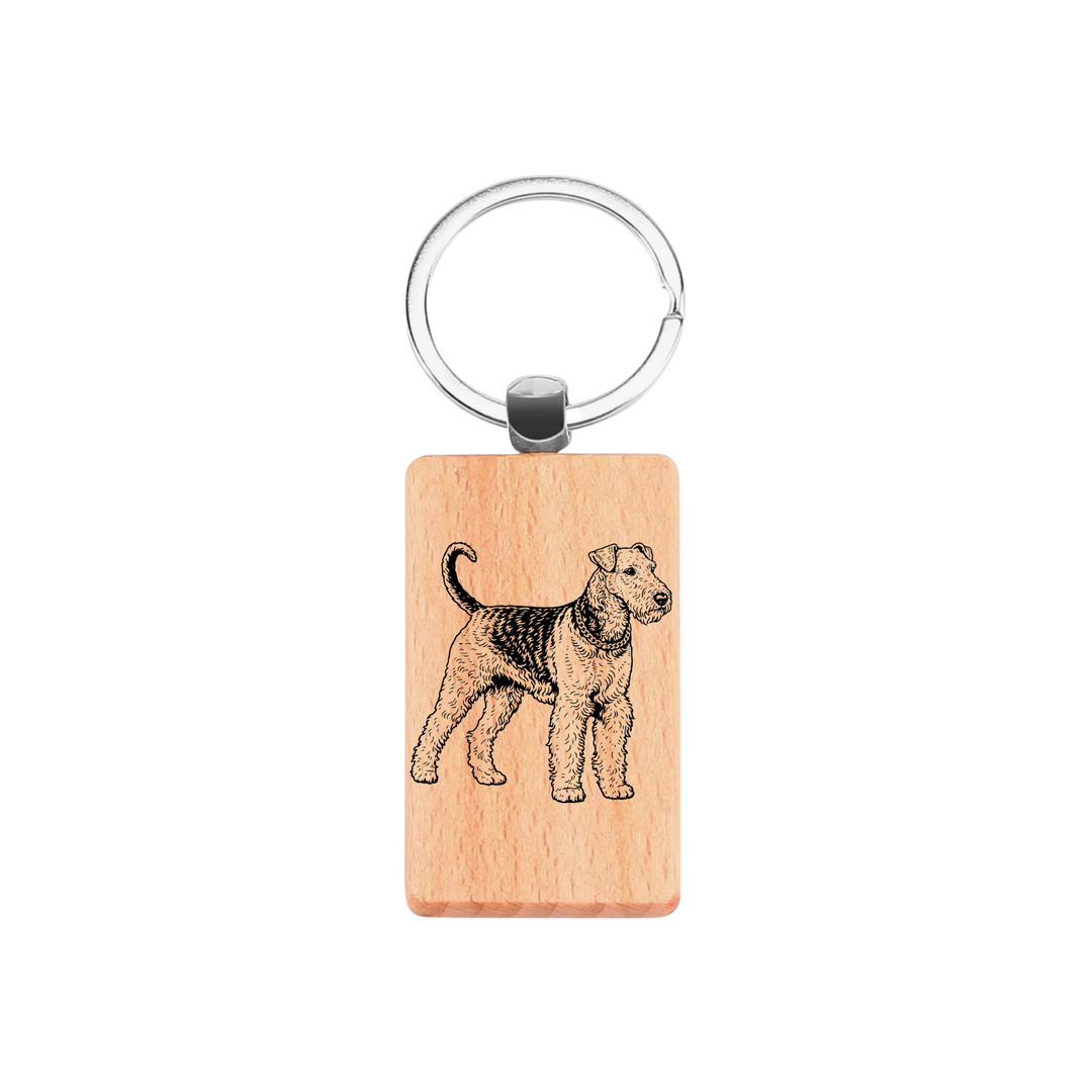 Airedale Terrier Standing Engraved Rectangle Wooden Keyring