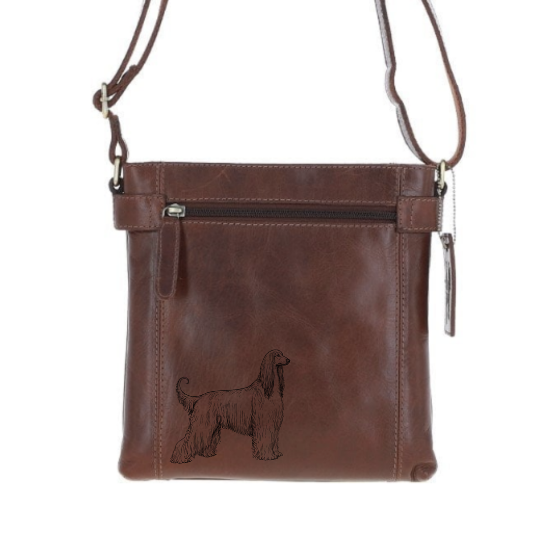 Afghan Hound Standing Engraved Leather Two Section Zip Top Crossbody Bag