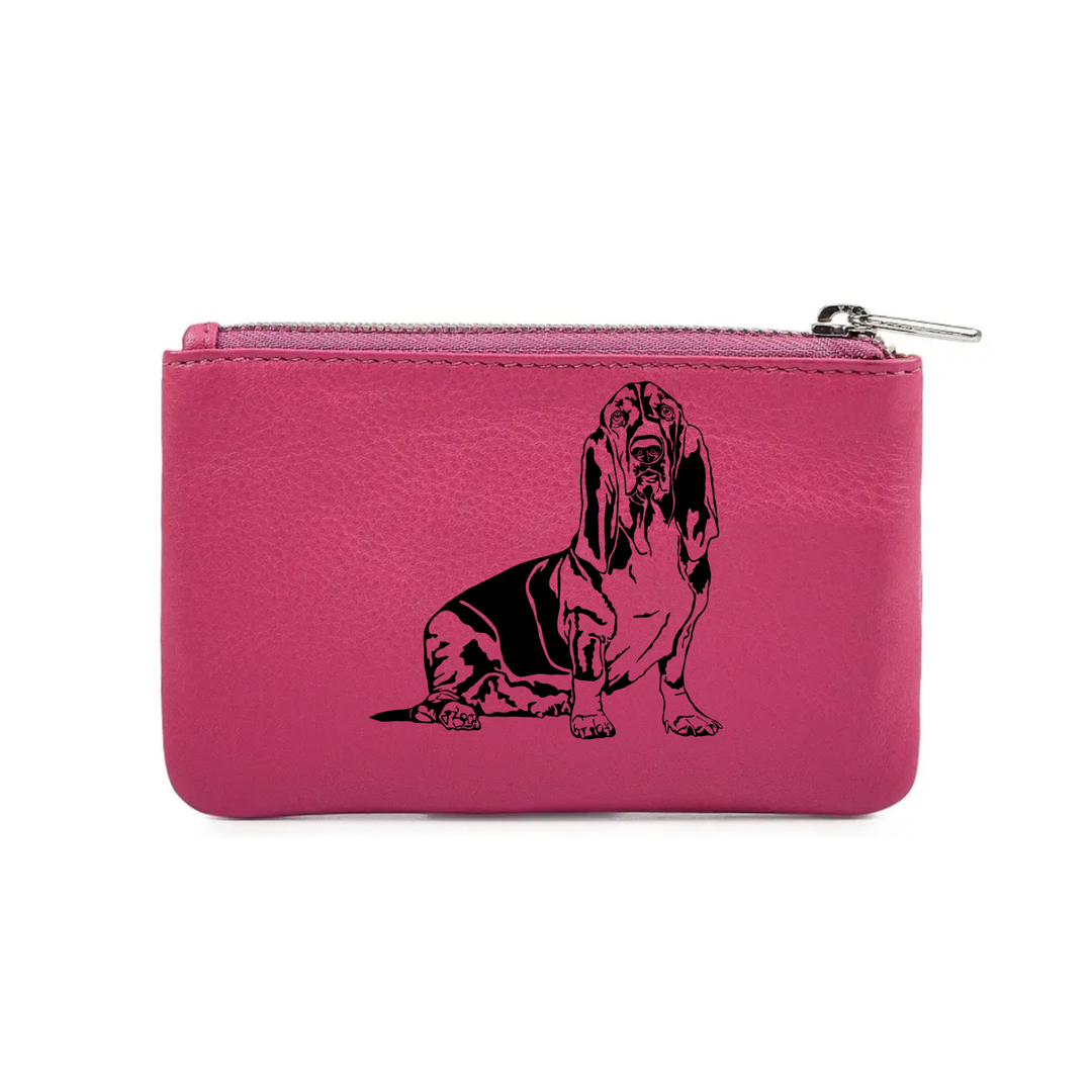 Basset Hound Sitting Engraved Genuine Leather Coin Purse (Multiple Colour Options)