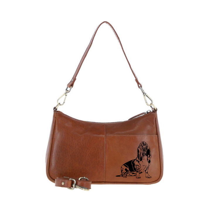 Basset Hound Sitting Engraved Genuine Leather Shoulder Bag