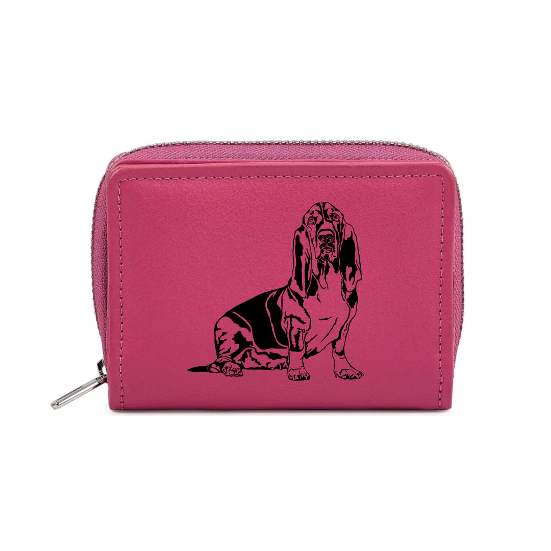 Basset Hound Sitting Engraved Small Leather Purse (Green/Pink/Blue/Red)