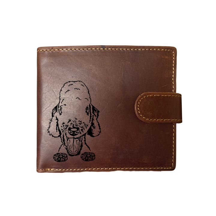 Personalised Bedlington Terrier Face Engraved Dark Tan Genuine Leather Wallet