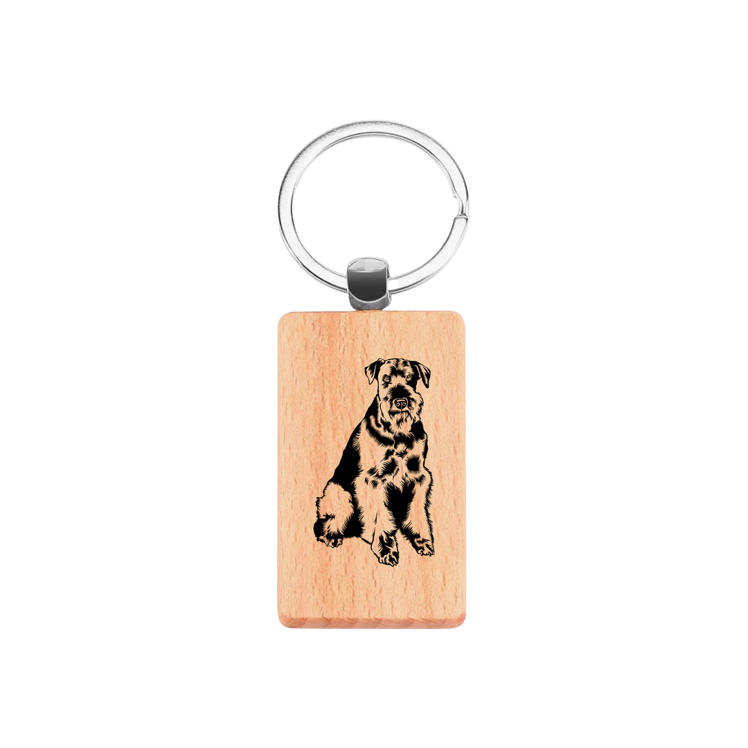 Airedale Terrier Sitting Engraved Rectangle Wooden Keyring
