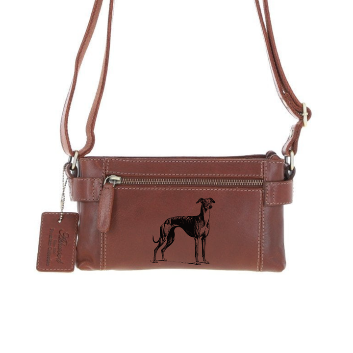 Personalised Greyhound Standing Engraved Small Leather Two Section Zip Top Crossbody Bag