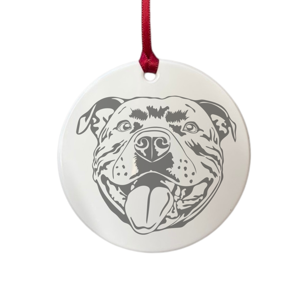 Personalised Staffordshire Bull Terrier Smiling Face Engraved White Acrylic Decoration