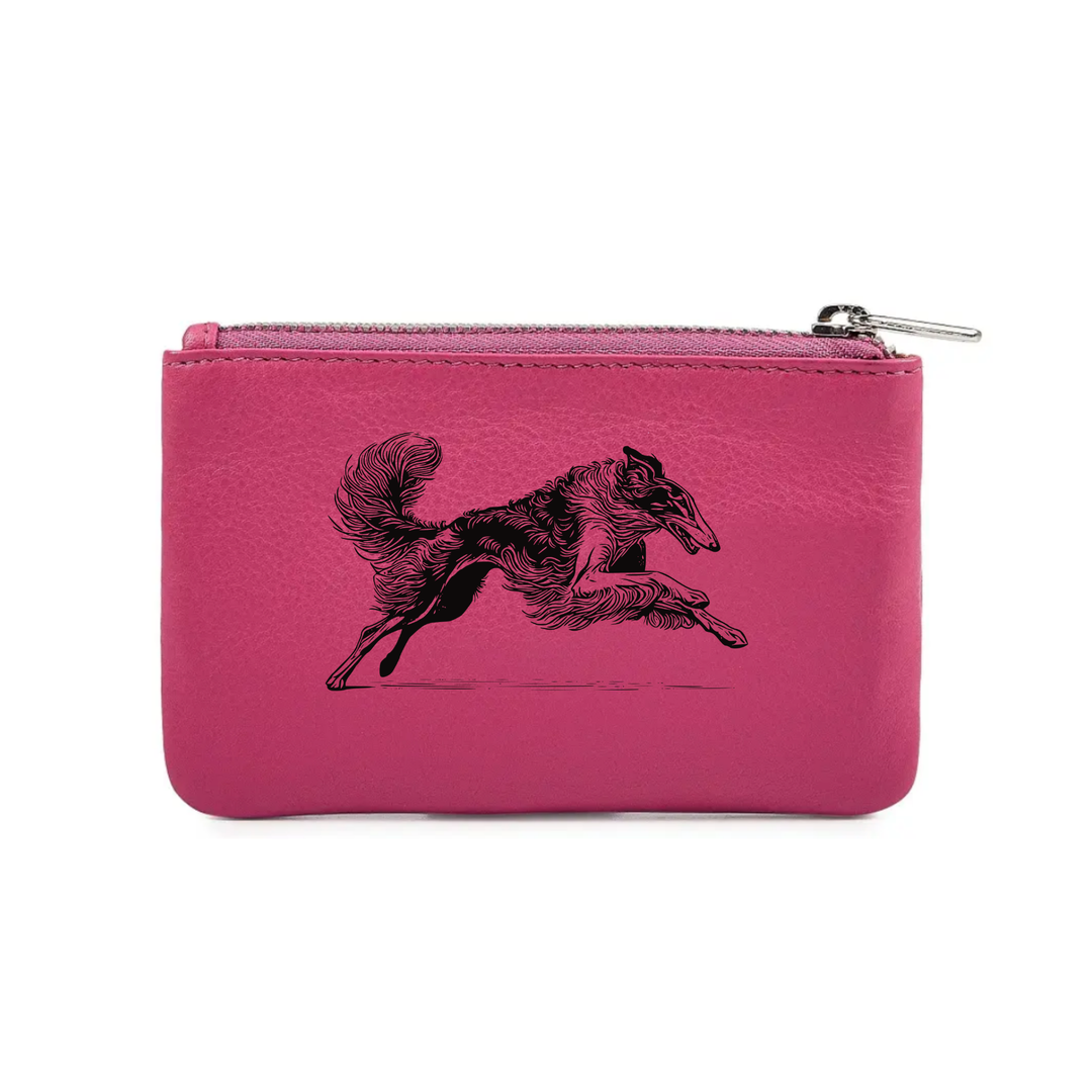 Borzoi Running Engraved Genuine Leather Coin Purse (Multiple Colour Options)