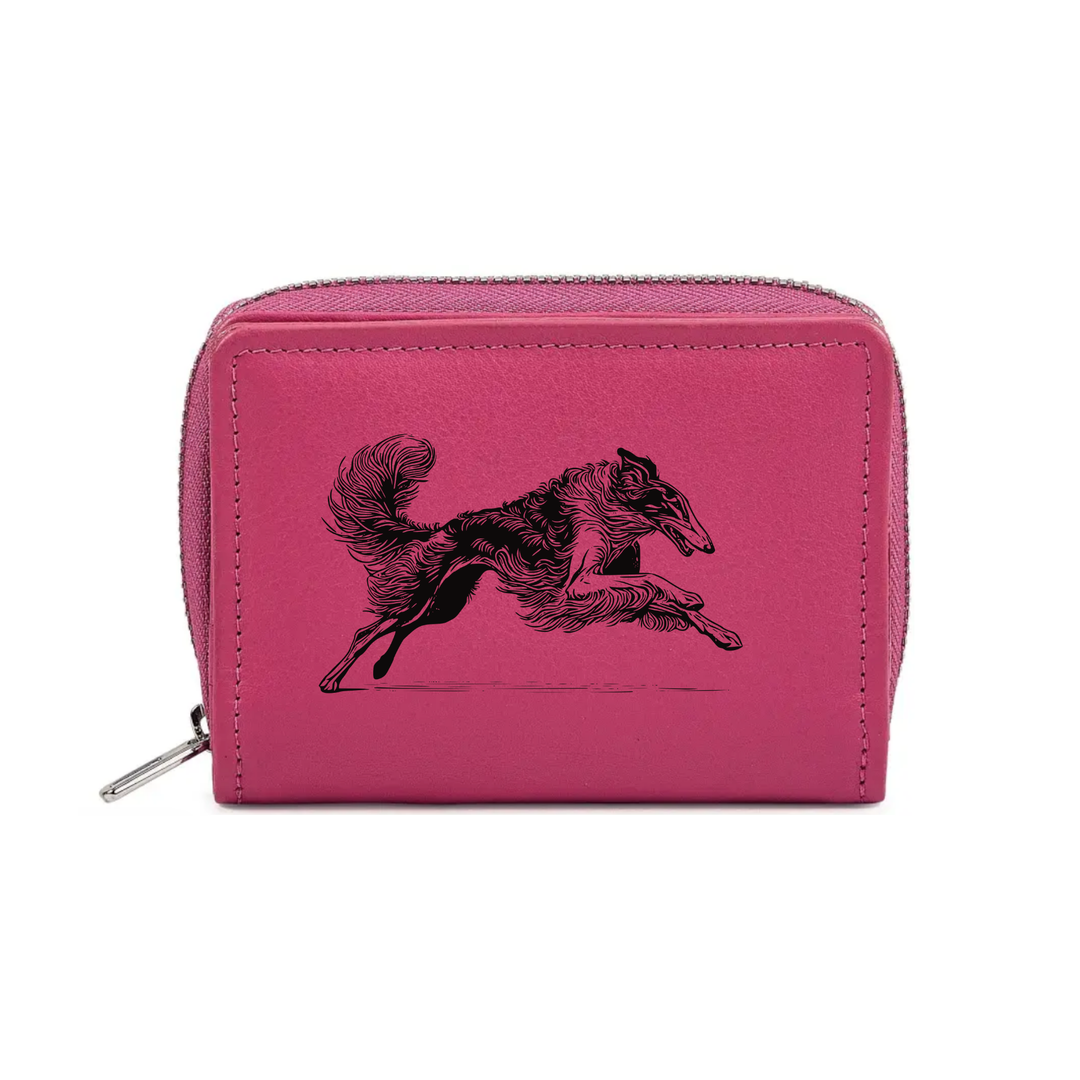 Borzoi Running Engraved Small Leather Purse (Green/Pink/Blue/Red)