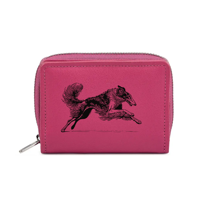 Borzoi Running Engraved Small Leather Purse (Green/Pink/Blue/Red)