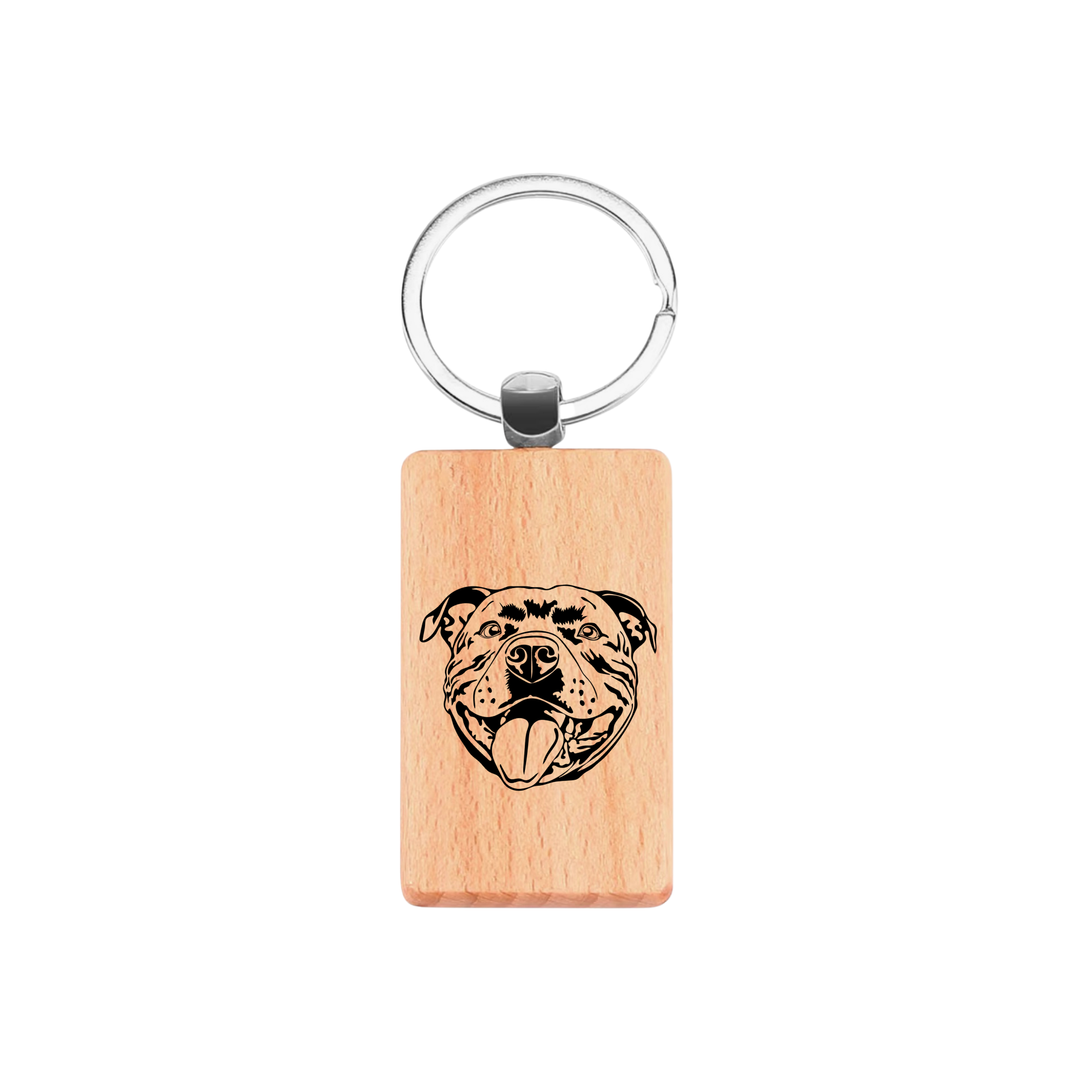 Staffordshire Bull Terrier Smiling Face Staffie Engraved Rectangle Wooden Keyring