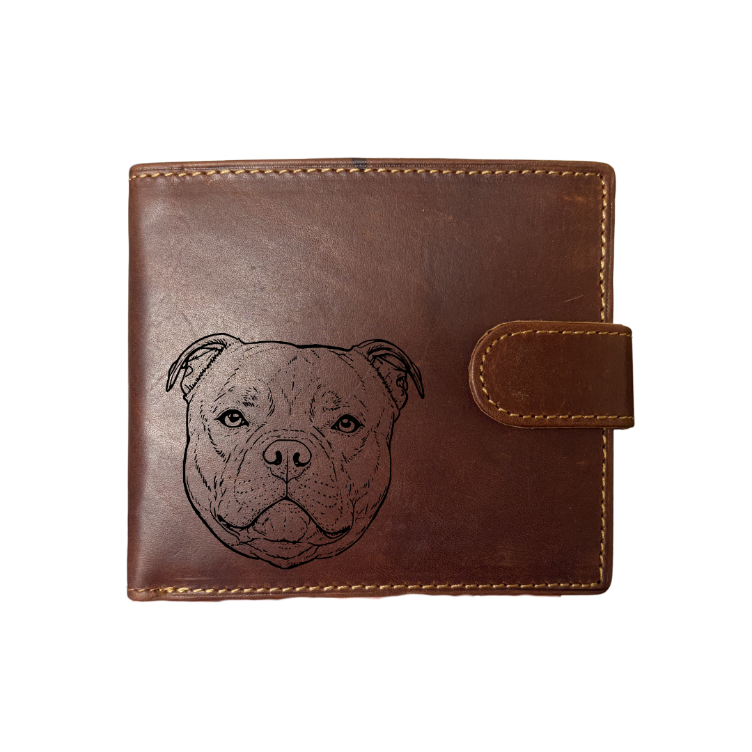 Personalised Staffordshire Bull Smiling Face Engraved Dark Tan Genuine Leather Wallet
