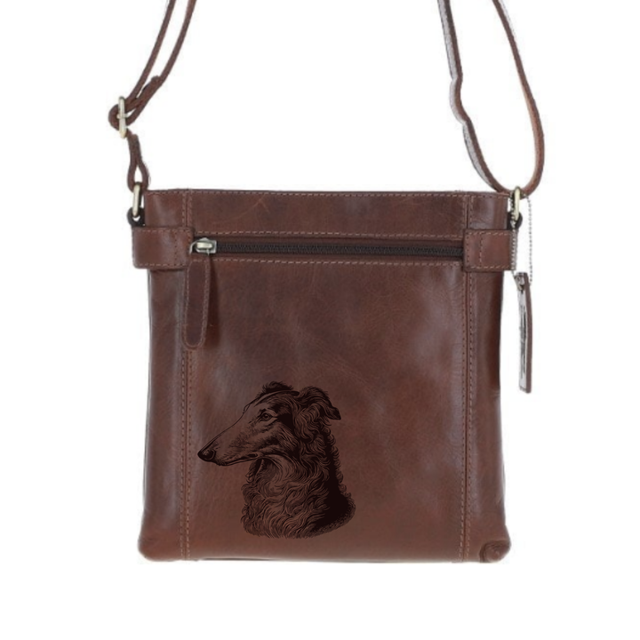 Borzoi Face Engraved Leather Two Section Zip Top Crossbody Bag