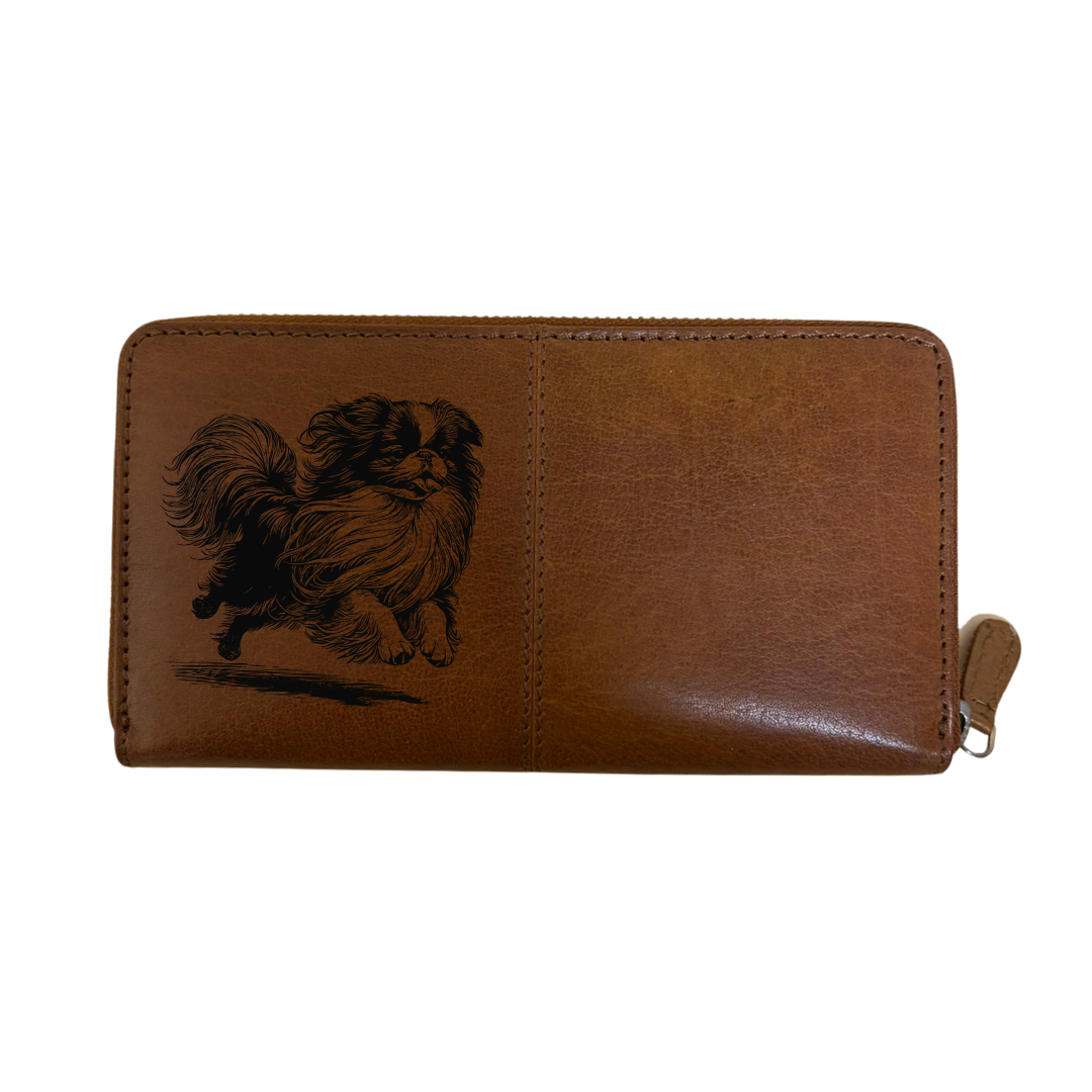 Japanese Chin Running Engraved Large Leather Purse