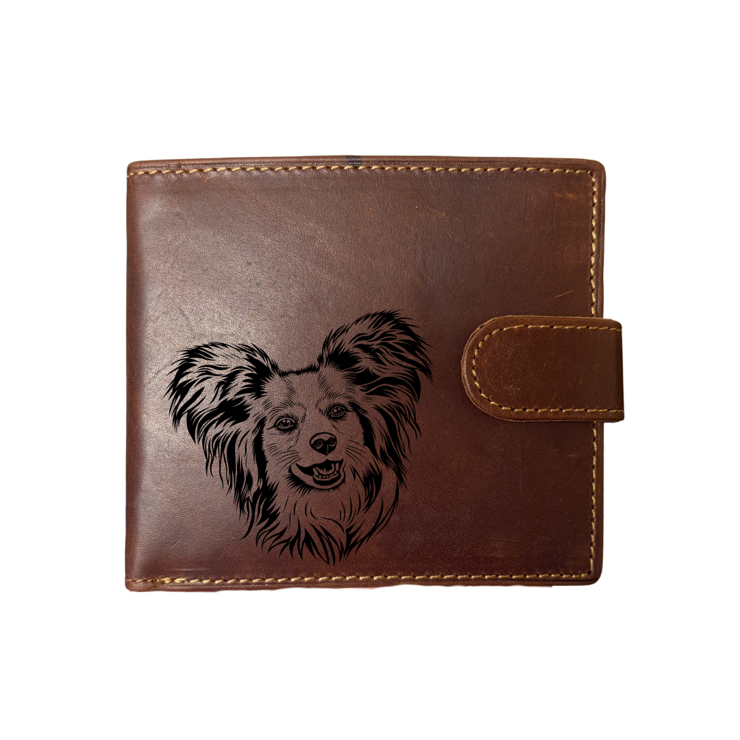 Personalised Papillon Face Engraved Dark Tan Genuine Leather Wallet