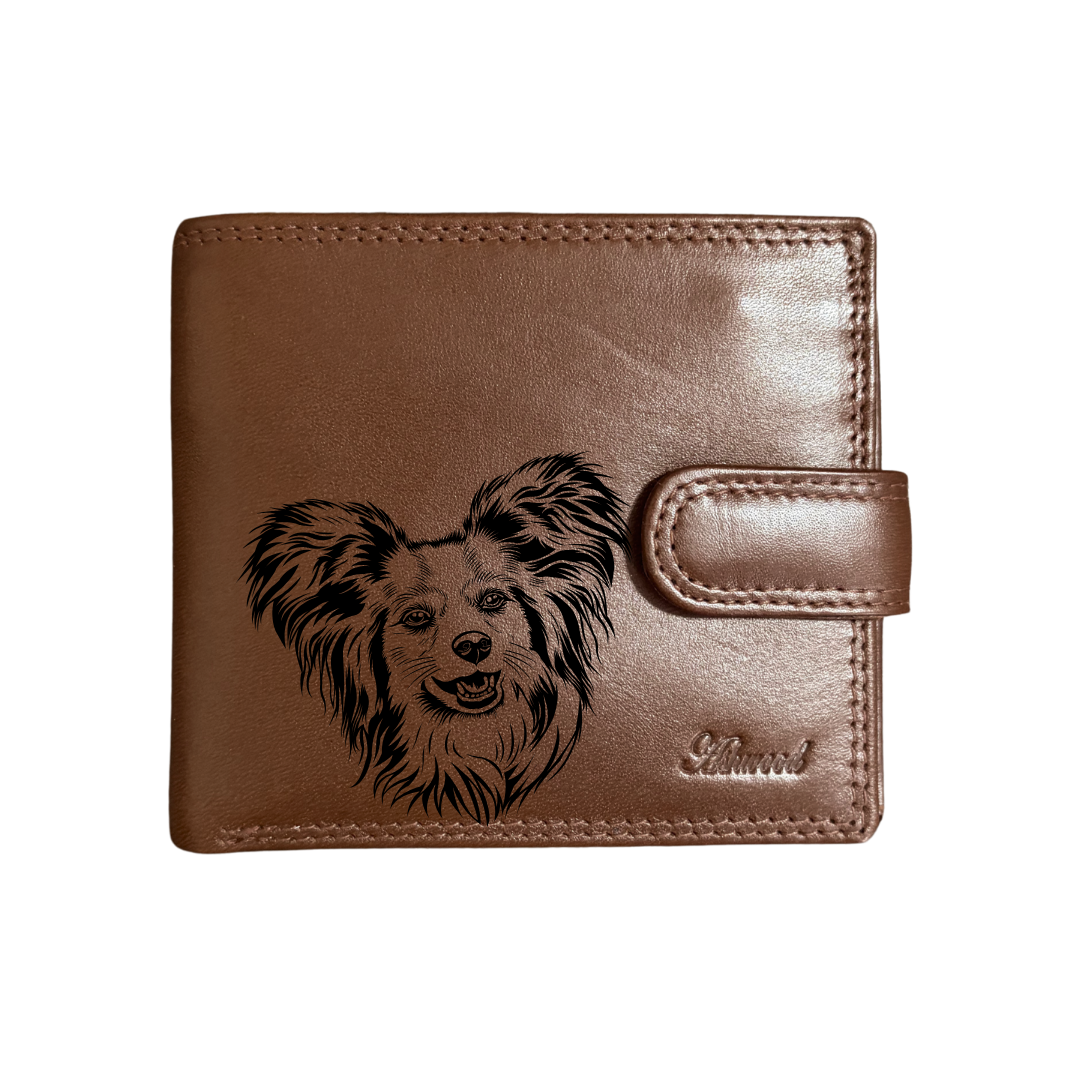 Personalised Papillon Face Engraved Dark Tan Genuine Leather Wallet