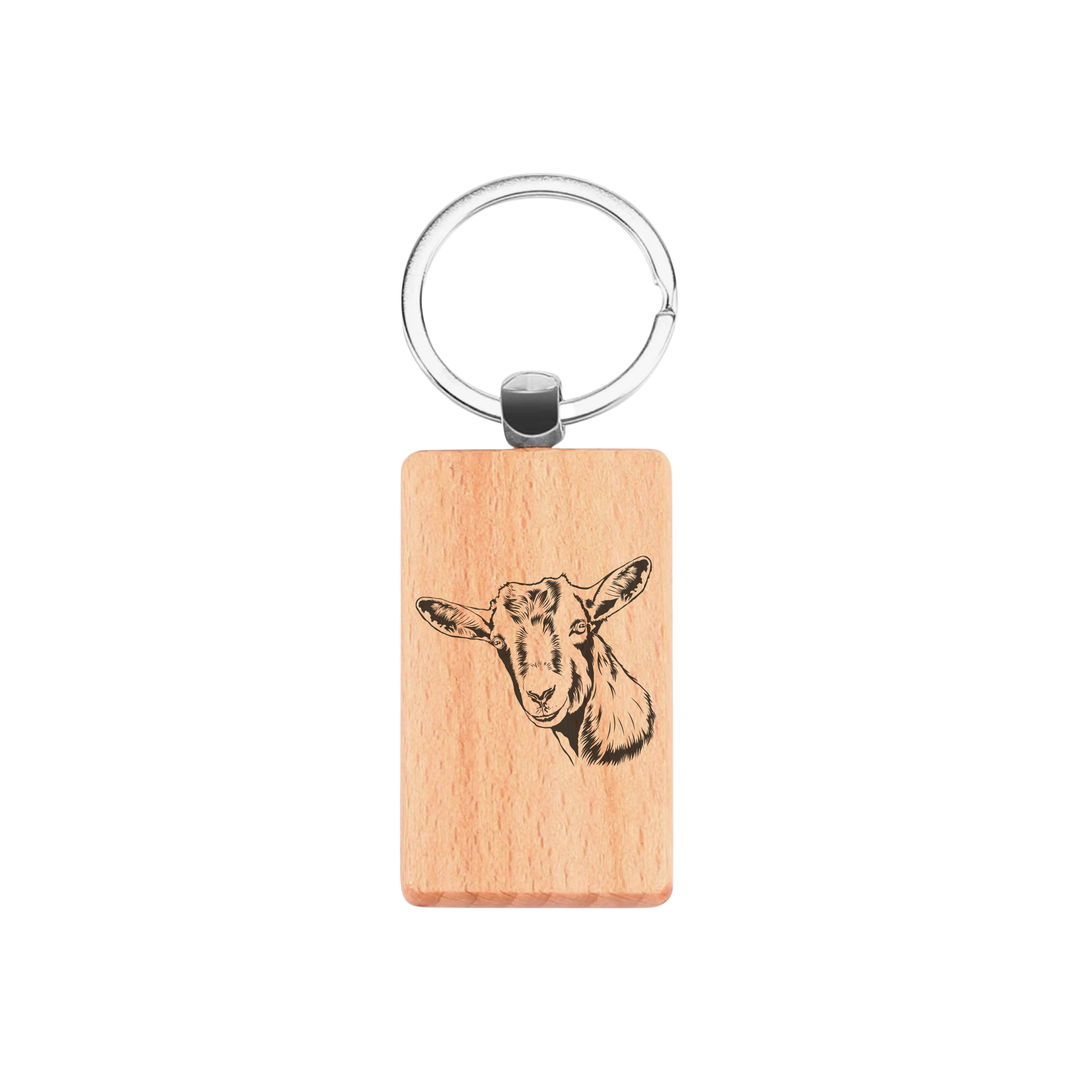 Goat Face Engraved Rectangle Wooden Keyring