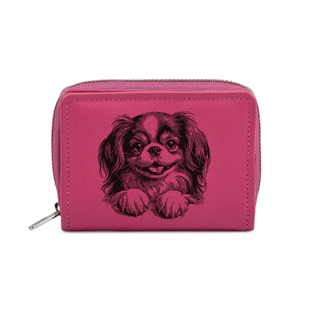 Japanese Chin Paws Engraved Small Leather Purse (Green/Pink/Blue/Red)