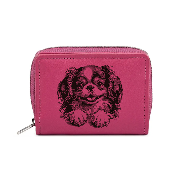 Japanese Chin Paws Engraved Small Leather Purse (Green/Pink/Blue/Red)