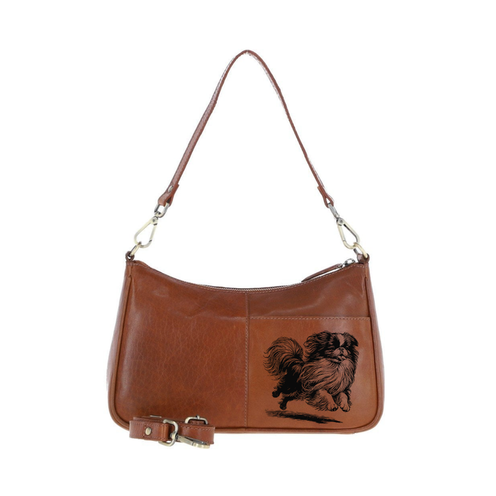 Japanese Chin Running Engraved Genuine Leather Shoulder Bag