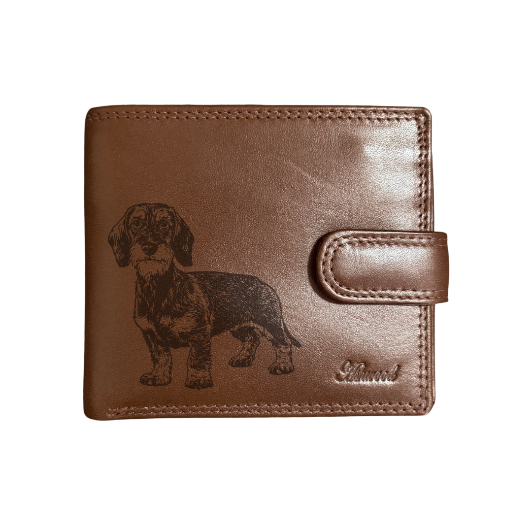 Personalised Wirehair Dachshund Standing Engraved Dark Tan Genuine Leather Wallet