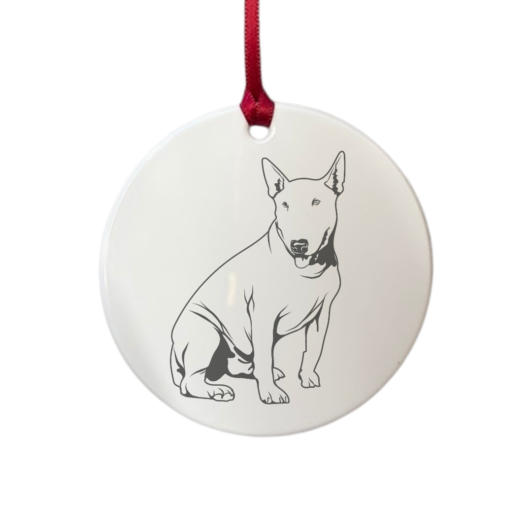 Personalised English Bull Terrier Sitting Engraved White Acrylic Decoration