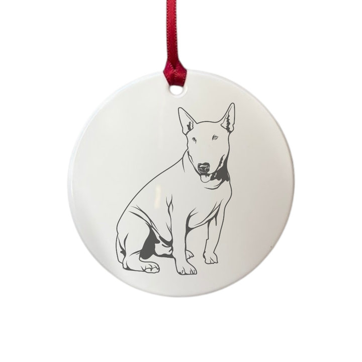 Personalised English Bull Terrier Sitting Engraved White Acrylic Decoration