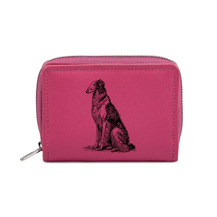 Borzoi Sitting Engraved Small Leather Purse (Green/Pink/Blue/Red)