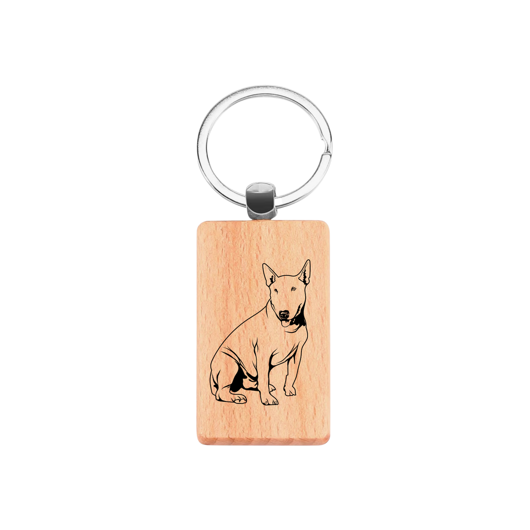 English Bull Terrier Sitting Engraved Rectangle Wooden Keyring