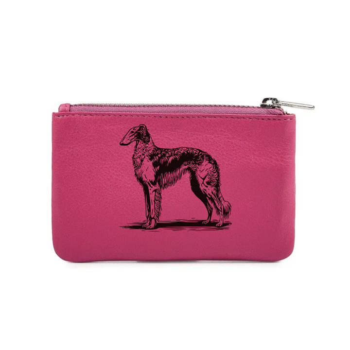 Borzoi Standing Engraved Genuine Leather Coin Purse (Multiple Colour Options)