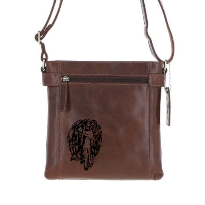 Saluki Engraved Leather Two Section Zip Top Crossbody Bag
