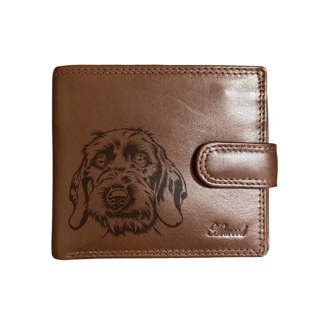 Personalised Wirehair Dachshund Face Engraved Dark Tan Genuine Leather Wallet