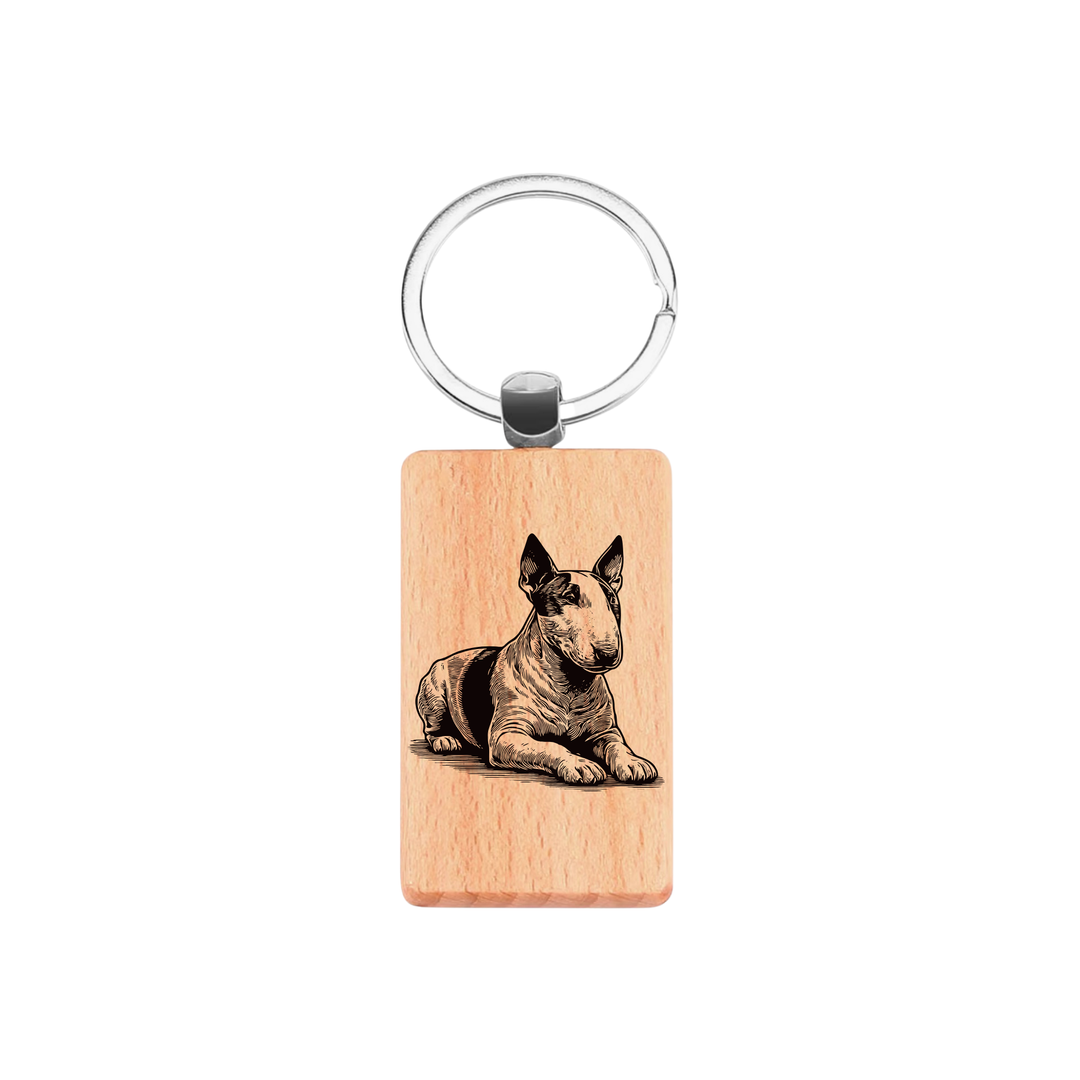 English Bull Terrier Lying Down Engraved Rectangle Wooden Keyring