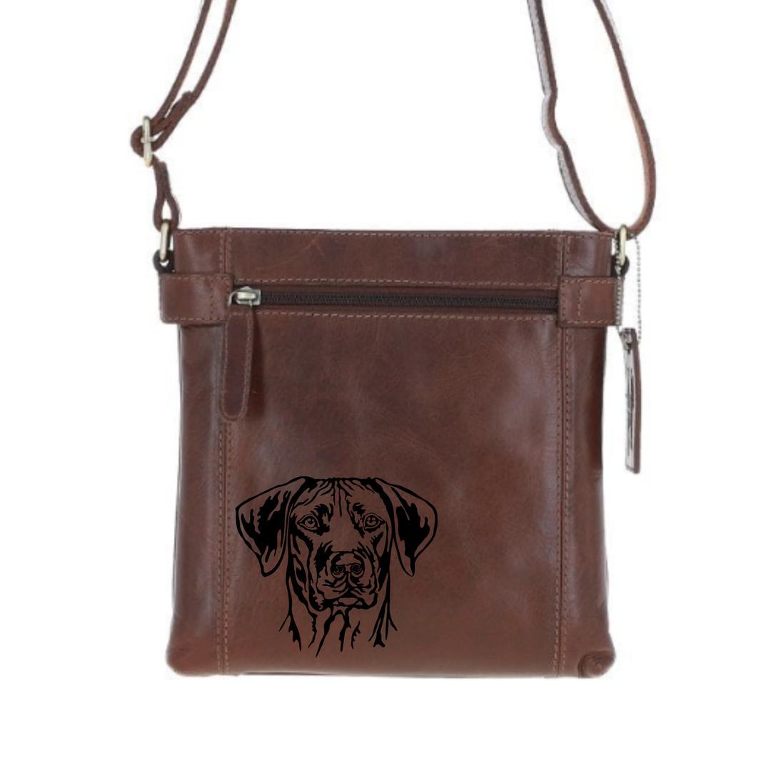 Rhodesian Ridgeback Engraved Leather Two Section Zip Top Crossbody Bag