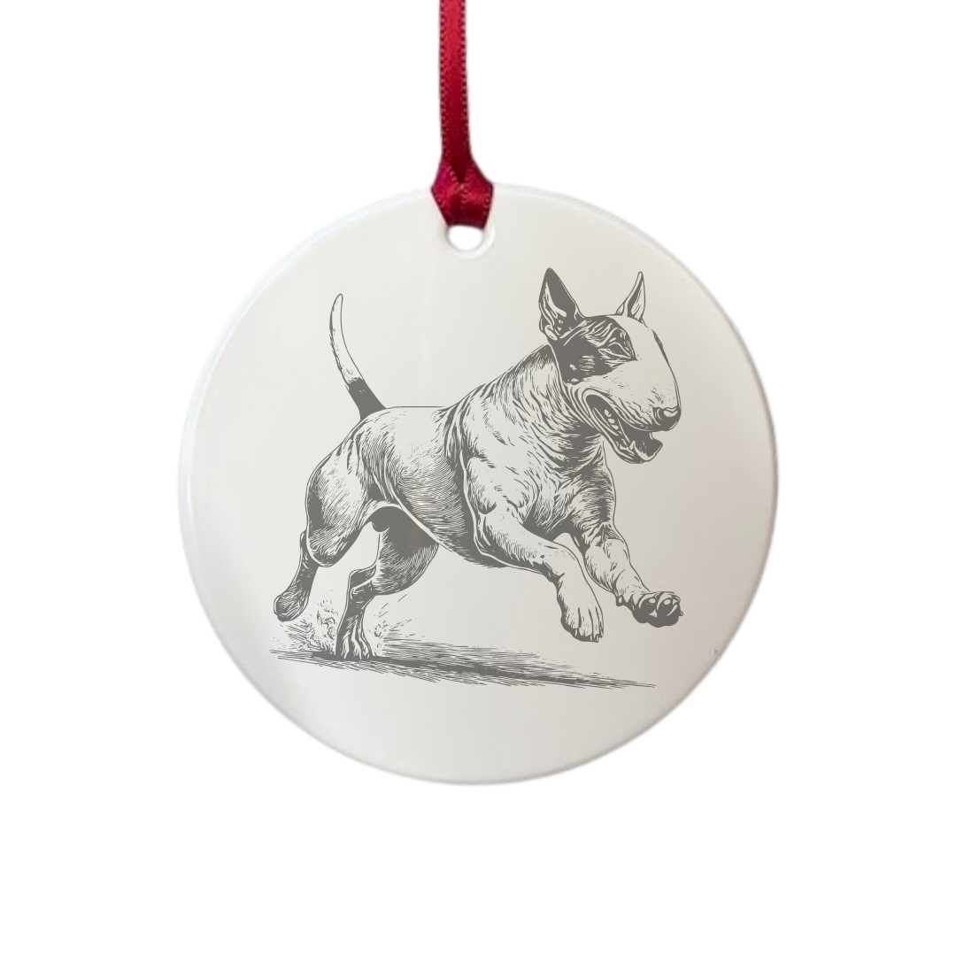Personalised English Bull Terrier Running Engraved White Acrylic Decoration