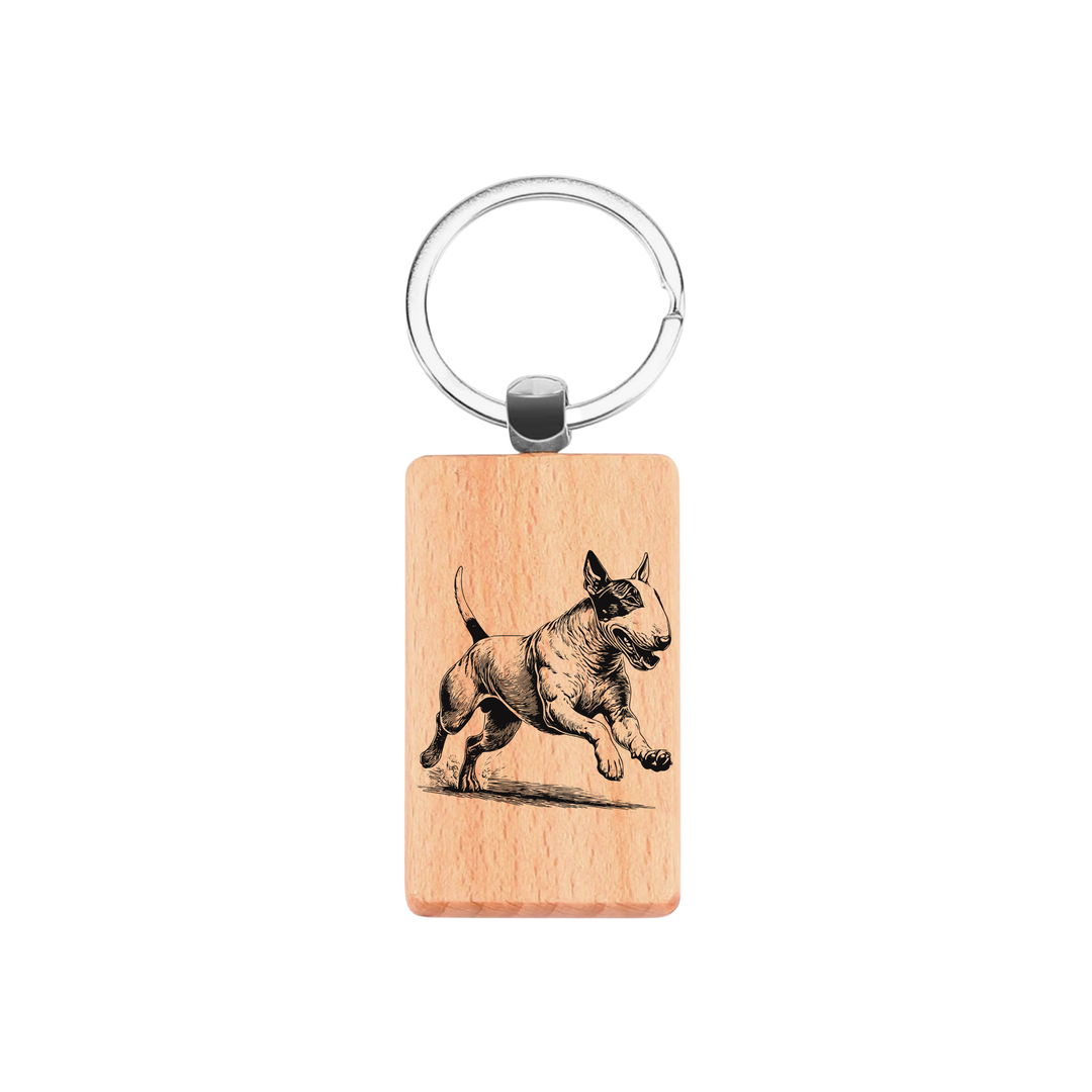 English Bull Terrier Running Engraved Rectangle Wooden Keyring