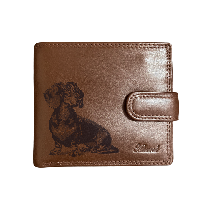 Personalised Dachshund Sitting Engraved Dark Tan Genuine Leather Wallet