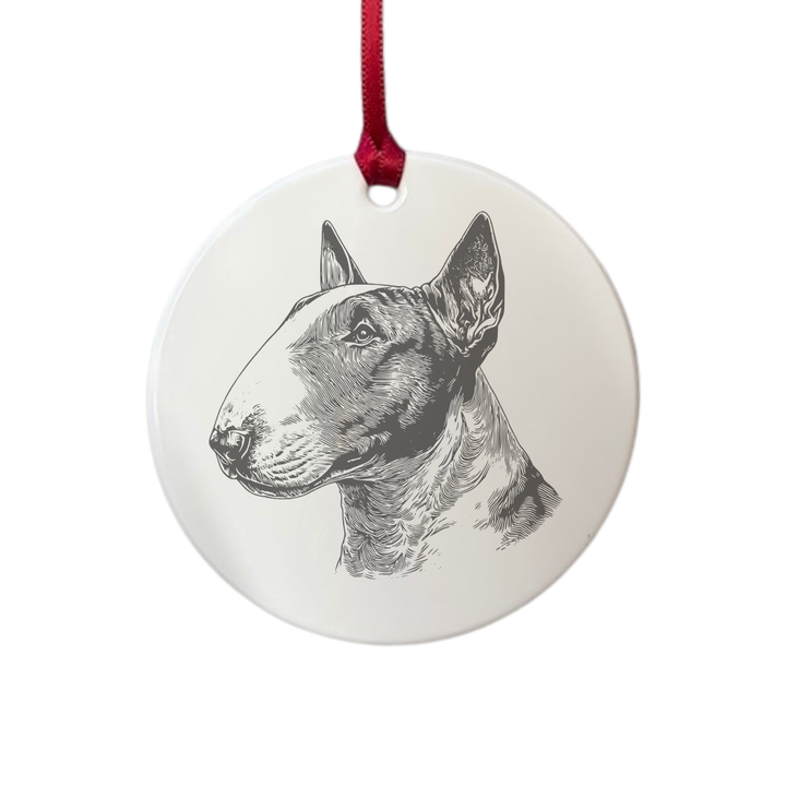 Personalised English Bull Terrier Face Engraved White Acrylic Decoration