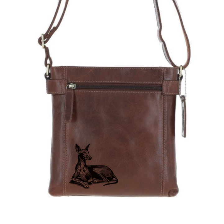 Pharaoh Hound Lying Down Engraved Leather Two Section Zip Top Crossbody Bag