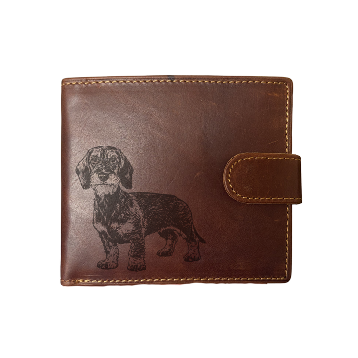 Personalised Wirehair Dachshund Standing Engraved Dark Tan Genuine Leather Wallet