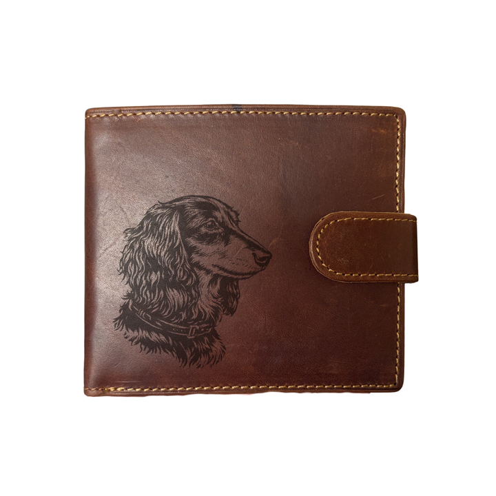 Personalised Longhaired Dachshund Face Engraved Dark Tan Genuine Leather Wallet