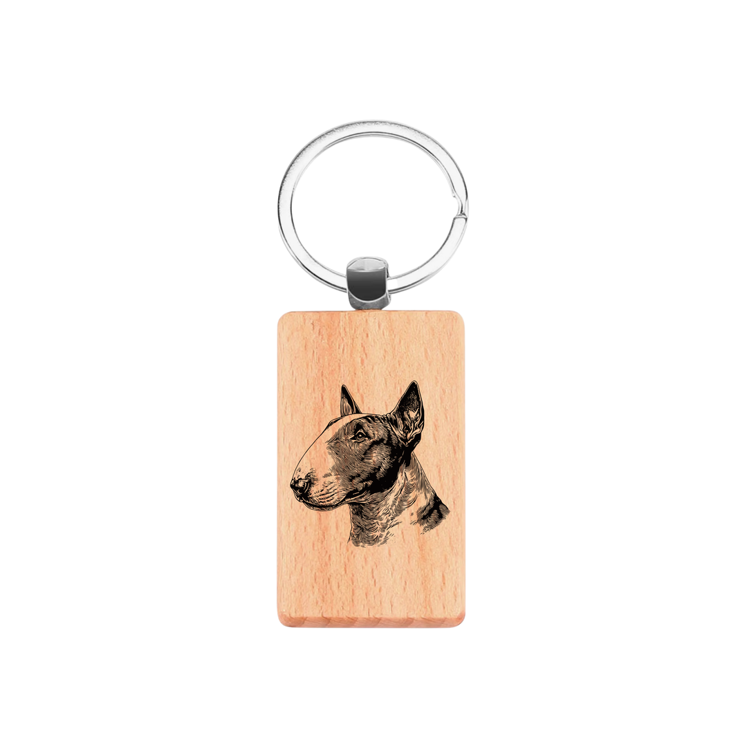 English Bull Terrier SP Face Engraved Rectangle Wooden Keyring