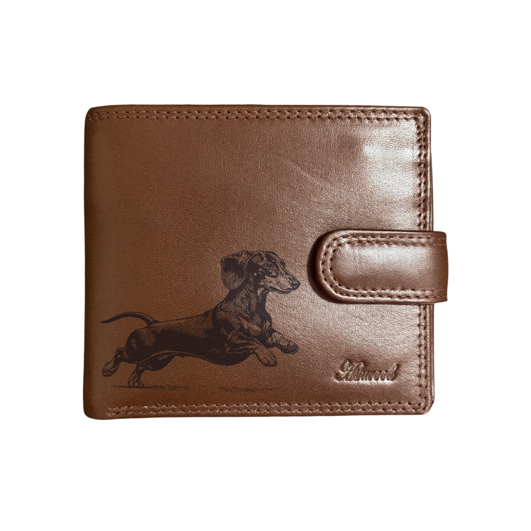 Personalised Dachshund Running Engraved Dark Tan Genuine Leather Wallet