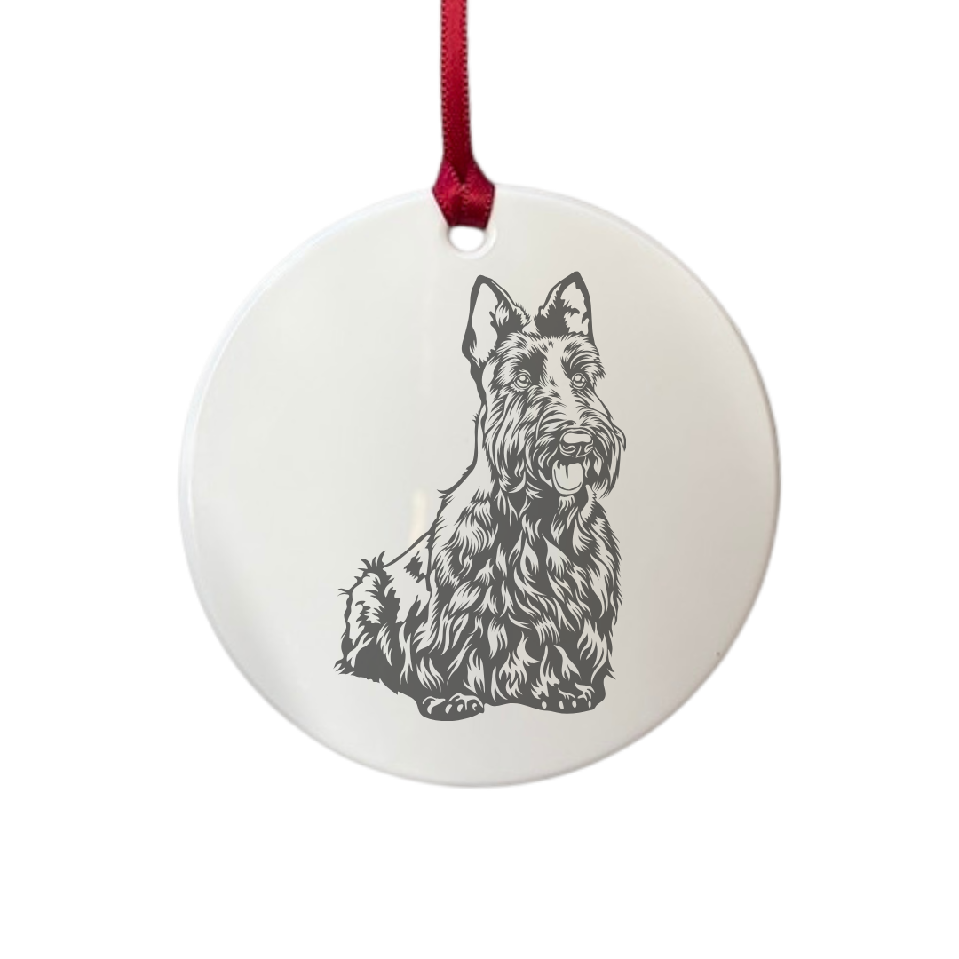 Personalised Scottish Terrier Sitting Engraved White Acrylic Decoration