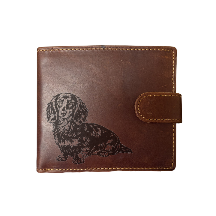 Personalised Longhaired Dachshund Sitting Engraved Dark Tan Genuine Leather Wallet