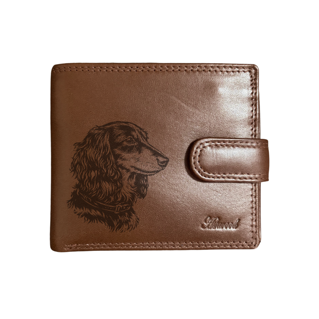 Personalised Longhaired Dachshund Face Engraved Dark Tan Genuine Leather Wallet