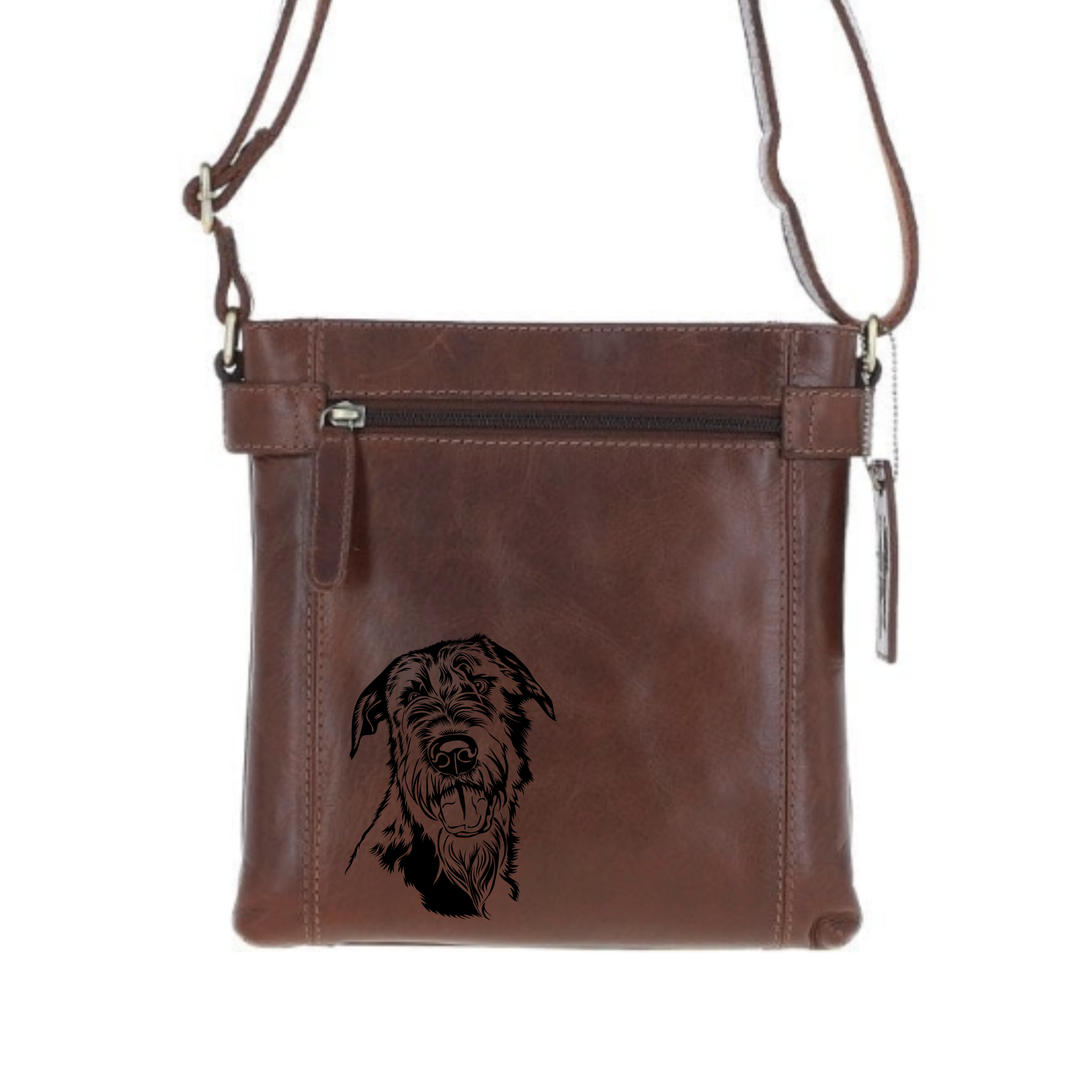 Irish Wolfhound Engraved Leather Two Section Zip Top Crossbody Bag